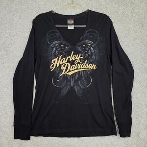 Harley Davidson Black/Gold Long Sleeve‎ Shirt w/Thumb Holes Women's Large Wings